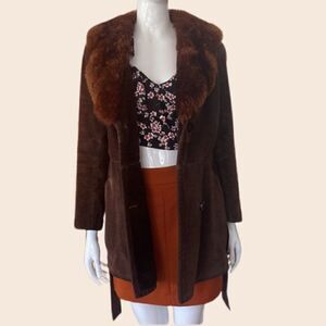 Vintage 70's Chocolate Brown Suede Leather Penny Lane Coat with Faux Fur Collar